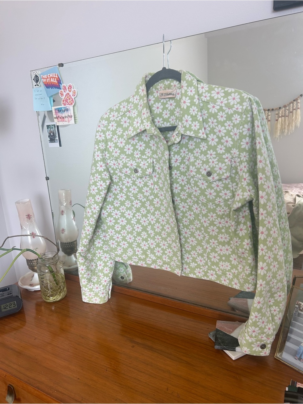 3 Sisters Light Green Floral Cropped Jean Jacket